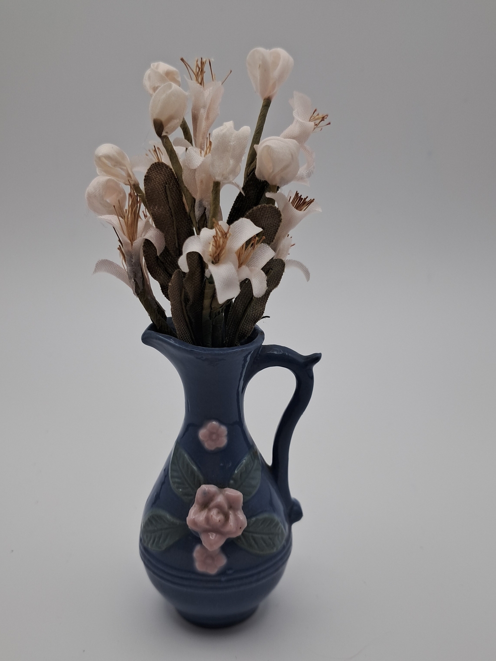 Blue Ceramic Pitcher Vase with Pink Floral Accents